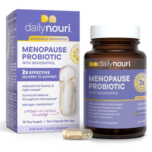 [BRSRMBAFCAHQ2AL4] Daily Nouri Menopause Probiotics for Women | Hormonal Balance, Hot Flashes, Night Sweats & Gut Health | 3 Clinically Studied Strains + Resveratrol & Omega | 30-Day Supply