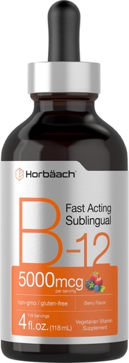 [BRSROZQTCFYQECAV] Horbaach B12 Vitamin 5000 mcg Sublingual | 4 Fl Oz | as Methylcobalamin and Cyanocobalamin | Liquid Vegetarian Drops | Berry Flavor | Non-GMO & Gluten Free Supplement