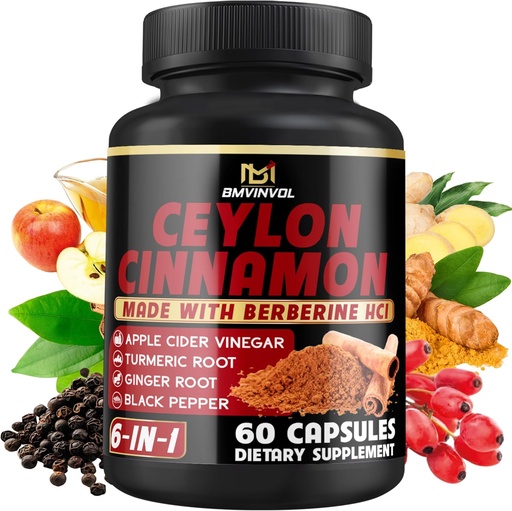 [BRSRAYI5BMPQA332] Ceylon Cinnamon כמוסות עם Berberine HCl, Apple Cider Vinegar, Turmeric, גינזנג, Black Pepper - 6in1 לתמיכה בתפקוד Immune - 60 Count
