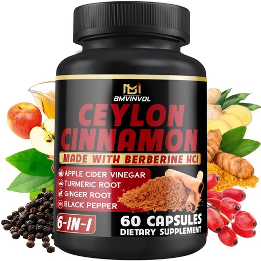 [BRSRAYI5BMPQA332] Ceylon Cinnamon Capsules with Berberine HCl, Apple Cider Vinegar, Turmeric, Ginseng, Black Pepper - 6in1 for Support Immune Function - 60 Count