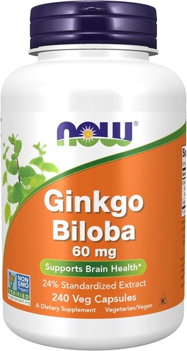 [BRSWIYQ6BMHQMF3K] NOW Foods Supplements, Ginkgo Biloba 60 mg, 24% Standardized Extract, Non-GMO Project Verified, 240 Veg Capsules