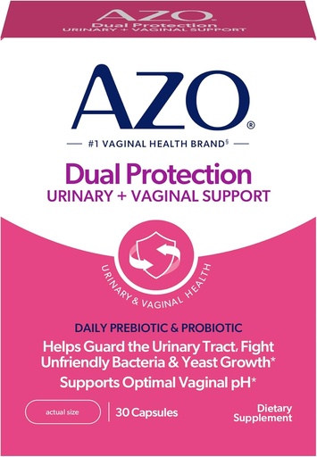 [BRSWYBI6PIMAM3TF] AZO Dual Protection, Urinary + Vaginal Support, Präbiotika und Probiotika für Frauen*, beginnt Arbeiten innerhalb von 24 Stunden, Non-GMO, 30 Count