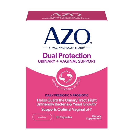 [BRSWYBI6PIMAM3TF] AZO Dual Protection, Urinary + Vaginal Support, Prebiotics and Probiotics for Women*, Starts Working Within 24 Hours, Non-GMO, 30 Count
