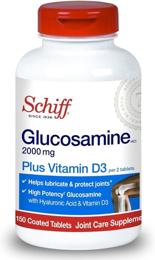 [BRSWIYYCDIFB6GDE] Schiff Glucosamine 2000mg with Vitamin D3 and Hyaluronic Acid, 150 tablets - Joint Supplement
