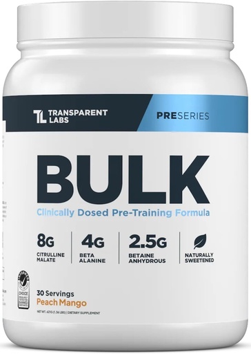 [BRSROBQ5CAIAEG3U] Transparente Labs Bulk Pre Workout Pulver - Natürlich gesüßt Advanced Pre-Workout Formel für Muskelaufbau und Stärke - 30 Servierungen, Peach Mango