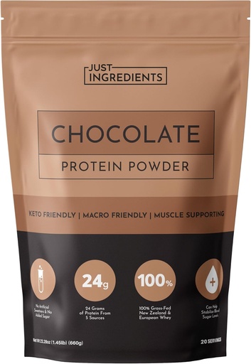 [BRSRAYY7DMJRM332] JUST INGREDIENTS Chocolate Protein Powder – 20-Serving Mistura com 100% Whey-Fed e proteínas vegetais orgânicas – rico sabor de cacau – apoia a recuperação muscular, energia*