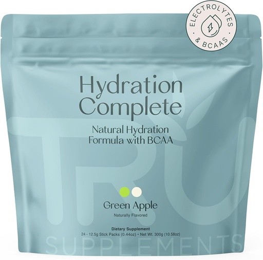 [BRSWGFQ7DMHWM2Y2] TRU Supplements Hydration Complete BCAA, Plant Based Amino Acids + Pink Himalayan Salt, Electrolytes & L-Carnitine, Vegan, Zero Calories, No Artificial sweeteners, 24 Servings, Green Apple