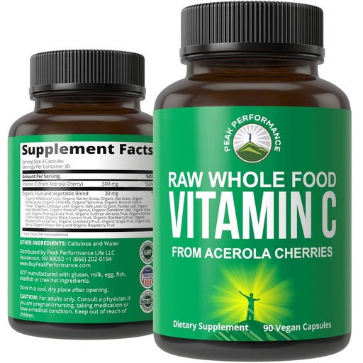 [BRSWYZQ3CEBRYDYZ] Peak Performance Raw Whole Food Natural Vitamin C Capsules from Acerola Cherry for Max Absorption. Vegan USA Sourced Vitamin C Supplement 90 Pills. 500 mg Serving or 2 Servings 1000mg