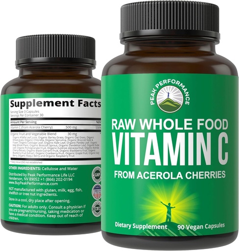 [BRSWYZQ3CEBRYDYZ] Rendimiento de pico Raw Whole Food Natural Vitamina C Capsules de Acerola Cherry para Max Absorption. Vegan EE.UU. Fuente vitamina C Suplemento 90 píldoras. 500 mg Servir o 2 Servir 1000 mg