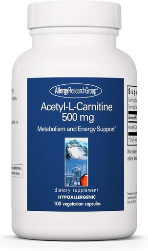 [BRSWIYQDAUFBCC3E] Allergy Research Group Acetyl-L-Carnitine 500mg Supplement - Metabolism and Energy Support, ALC, Free Form Amino Acid, Vegetarian Capsules - 100 Count