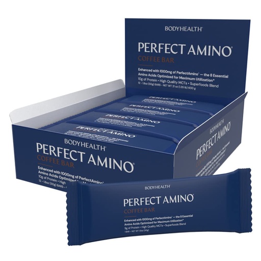 [BRSRMFICDMIBO33O] BodyHealth PerfectAmino Bar Protein Energy Snack with 10g of Protein, Plant Based MCT's, Superfood Blend, Kosher, (Coffee, 12 Pack)