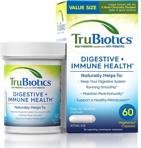 [BRSW2BAQPJ5RQ2TL] TruBiotics Probiotics for Digestive & Immune Health, Supports Regularity & Helps Relieve Abdominal Discomfort, Gas & Bloating, 2 Clinically Studied Probiotic Strains, Plus Prebiotics, 60 Capsules