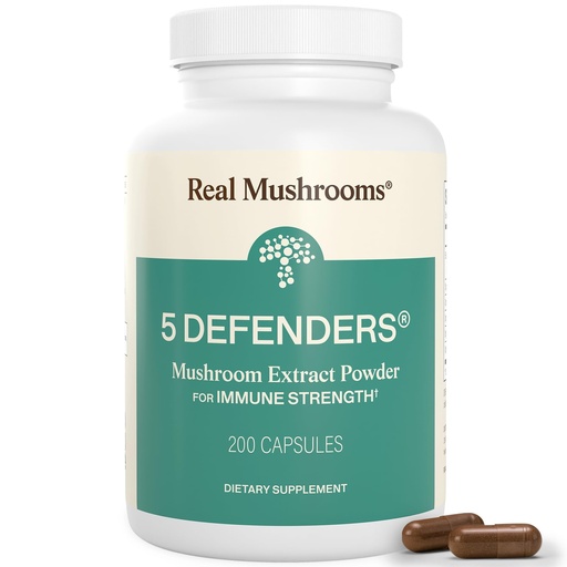 [BRSWYZQDAR5QYDTK] Real Mushrooms 5 Defenders Mushroom Complex – Organic Adaptogenic Mushroom Blend with Chaga, Reishi, Turkey Tail, Maitake & Shiitake for Wellness Support - Mushroom Beta Glucan Capsules - 200 Count