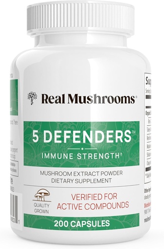 [BRSWYZQDAR5QYDTK] Real Mushrooms 5 Defenders Mushroom Complex – Organic Adaptogenic Mushroom Blend with Chaga, Reishi, Turkey Tail, Maitake & Shiitake for Wellness Support - Mushroom Beta Glucan Capsules - 200 Count