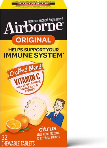 [BRSWIZYOBUIQCCL6] Airborne Vitamin C 1000mg (per Serving) Citrus Chewable Tablets (32 Count in a Box), Gluten-Free Immune Support Supplement, with Vitamins A C E, ZINC, Selenium, Echinacea & Ginger, Antioxidants