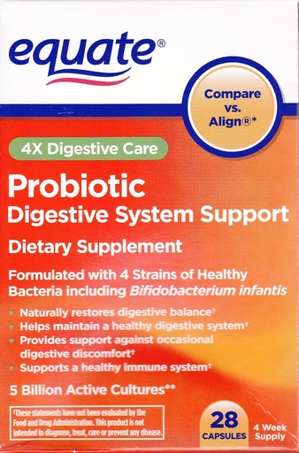 [BRSWI2TROUAQCHDA] Equate - Probiotic, Digestive System Support, 4X Digestive Care, 28 Capsules (Compare vs. Align)