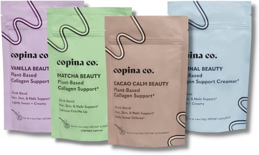 [BRSRMFLYOJ6B4AAV] Copina Co. Vegan Collagen Booster Mix: Plant Based Collagen Support Smoothie Drink Vegan Blend Variety Pack | 4 Flavors Matcha, Vanilla, Original and Cacao Calm | 25 servings per 4.4oz bag