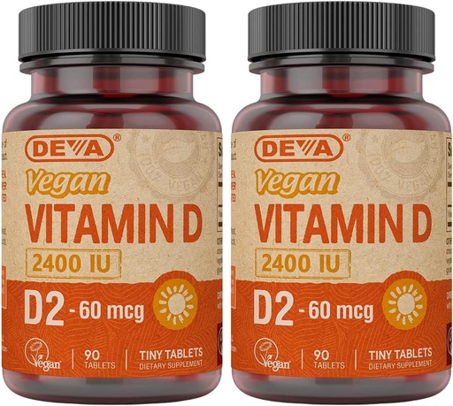 [BRSWIZQGCENAE2LK] DEVA Vegan Vitamin D2 60 mcg 2400 IU, Ergocalciferol Supplement with No Animal Ingredients, 90 Tablets (Pack of 2)