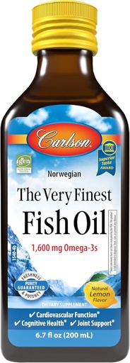 [BRSWIYYFAV5G2C3I] Carlson - L'huile de poisson très fine, 1600 mg Oméga-3s, supplément d'huile de poisson liquide, huile de poisson norvégienne, sauvage, huile de poisson d'origine durable liquide, citron, 200ml, 6,7 Fl Oz