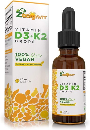 [BRSWYZAHCUMA4GY4] Vegan Liquid Drops D3 K2 bitamina (MK7) - %100 landareetan oinarritutako Liquid bitamina D Koko olioarekin hobetua Max Absorptionerako - 1 zerbitzatu = 1000 IU VIT D3 eta 200 mcg VIT K2