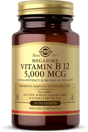 [BRSWIYTYOUIRE33I] Solgar Vitamin B12 5000 mcg - 30 Nuggets - Promotes Nervous System Health - Non-GMO, Vegan, Gluten & Dairy Free - 30 Servings