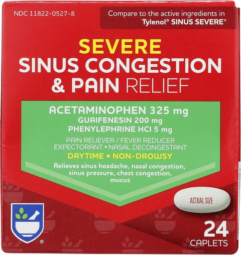 [BRSWIZD3CJ4BWDA3] Rite Aid Daytime Severe Sinus Congestion & Pain Relief - Acetaminophen, 325 mg - 24 Caplets | Multi-Symptom Non-Drowsy | Relief | Cold and Flu | Cold & Sinus Medicine for Adults