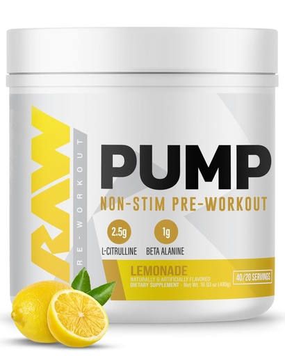 [BRSRMZYFCIARM3TX] RAW Pump Stim Free Pre Workout (Lemonade) - Non-Stimulant Pre Workout Supplement Powder Nitric Oxide Booster - Pre Workout Supplements Drink for During Workout - 40 Servings