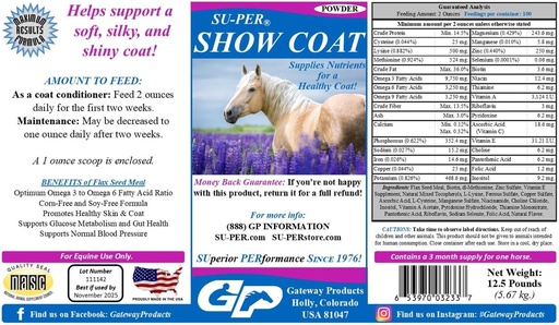 [BRSROAQTCANWYD3A] SU-PER Show Coat Supplement for Horses - Supports Soft, Silky, and Shiny Coat - Faster Mane and Tail Growth - Amino Acids, B-Complex Vitamins and Minerals - 12.5 Pound, 3 Month Supply