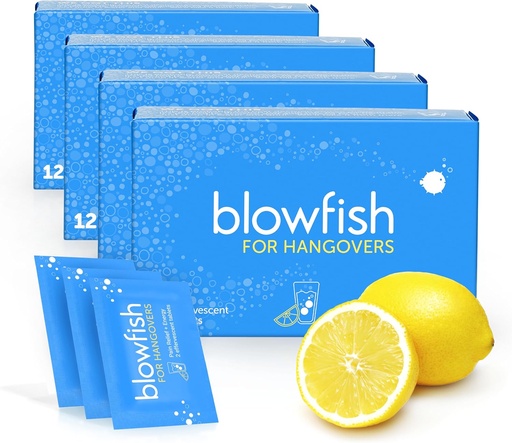 [BRSWGZYPDENQEF3O] Blowfish for Hangovers | Fast, Effective Hangover Relief | Works in 15 Minutes | Hydrates, Relieves Headache, and Boosts Energy in One Step (4 Boxes)