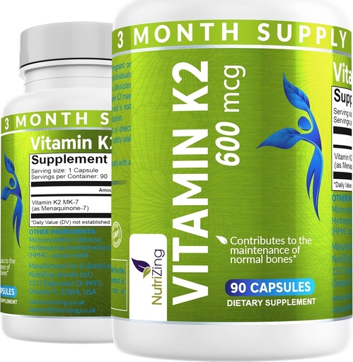 [BRSWKFQICJ4ROYAZ] NutriZing K2 Vitamin Supplement MK-7 - High Strength 600mcg - Supports Bone & Arterial Health - 90 Vegan Capsules - Vitamin K2 for Men & Women - 3 Month Supply