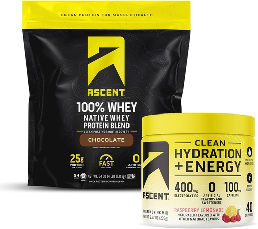 [BRSRA2QEO5YGG23J] Ascent 100% Whey Protein Powder, Chocolate 4 lb & Hydration + Energy Electrolytes, Raspberry Lemonade 40 Servings
