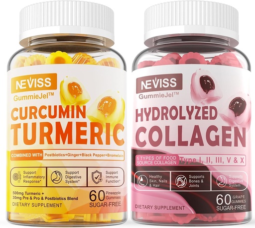 [BRSROED5PMNBOGTJ] Sugar Free Collagen Filled Gummies + Sugar Free Turmeric Curcumin Filled Gummies, for Healthy Skin Hair Nails, Bone & Joint Support, Immune & Digestive Health