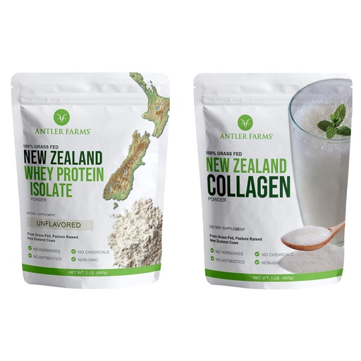 [BRSROAYZAQBROE3X] Antler Farms - 100% Grass Fed New Zealand Whey Protein Isolate & Collagen Powder Bundle