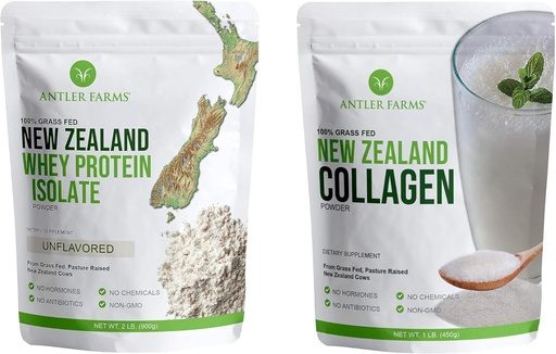 [BRSROAYZAQBROE3X] Antler Farms - 100% erba Fed New Zealand Whey Protein Isolate & Collagen Powder Bundle