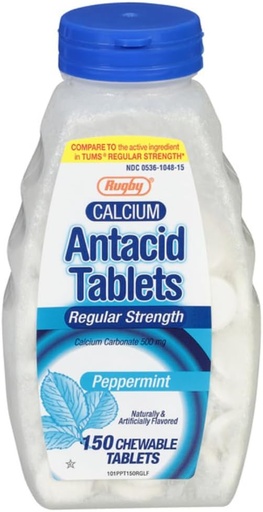 [BRSWY2YNCUDRA2Y6] Rugby Regular Strength Antacid Chewable Tablets - Made with 500 mg of Calcium Carbonate - Peppermint Flavor - 150 Count