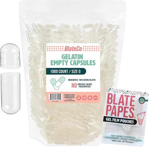 [BRSROHQEAAPGECLG] BlateCo Premium Size 0 Empty Gelatin Capsules, 1000 Count (Clear) with Blate Papes® Gel Film Pouches - New, Non-GMO Fillable Pill Caps in a Resealable Bag - Nothing Artificial, Ever.