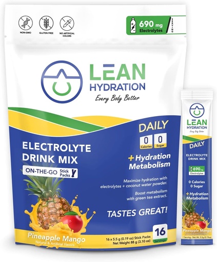 [BRSRMBQNCQMR63DD] Lean Hydration Daily Electrolyte Packets Drink Mix | Zero Calories, Zero Sugar plus Vitamins, Minerals & More | 16 ct (Pineapple Mango)
