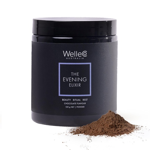 [BRSROHABDMFAYHI2] WelleCo The Evening Elixir, Vitamin C Hot Chocolate Beauty Drink Mix with Niacin, Lemon Balm & Magnesium, Supports Sleep, Collagen Formation & Skin Glow, 150g (5.3 oz) Jar
