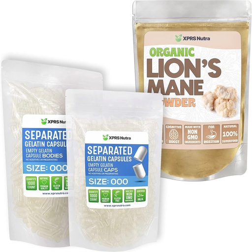 [BRSRMFIEBV7RUALH] XPRS Nutra Atskirti dydis 000 Kapsules (1000 Count) su Lion 's Mane milteliai (16 Ounce) Bundle