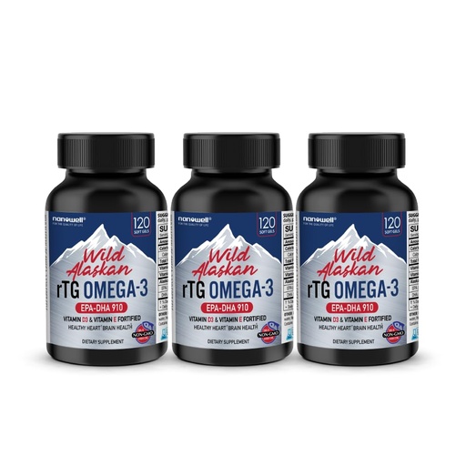 [BRSRAAQFBABWO3DX] NANOWELL Wild Alaskan rTG Omega-3 Fish Oil 1196mg - EPA, DHA, Vitamin D3 & E - 120 Softgels x 3 Bottles (360 Count)