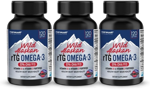 [BRSRAAQFBABWO3DX] NANOWELL Wild Alaskan rTG Omega-3 Fish Oil 1196mg - EPA, DHA, Vitamina D3 &amp; E - 120 Softgels x 3 Botellas (360 Conde)
