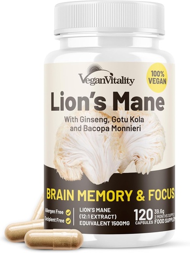 [BRSWIEYKBEORW2DG] Vegan Vitality Lions Mane Supplement Capsules - Nootropic Brain Support Supplement, Lions Mane Mushroom Extract Capsules - 120 Vegan Bacopa Monnieri, Gotu Kola, Ginseng