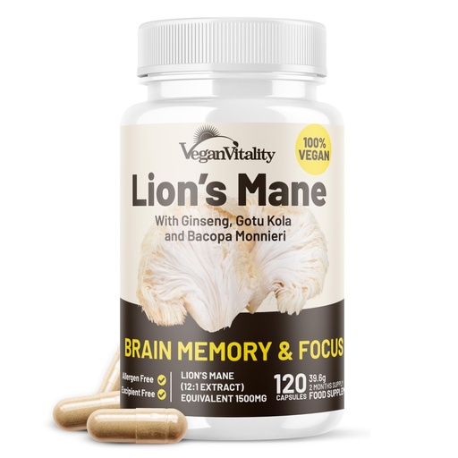 [BRSWIEYKBEORW2DG] Vegan Vitality Lions Mane Supplement Capsules - Nootropic Brain Support Supplement, Lions Mane Mushroom Extract Capsules - 120 Vegan Bacopa Monnieri, Gotu Kola, Ginseng