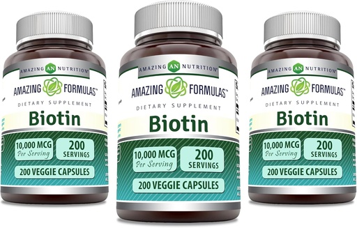 [BRSWYBIBBUNA2DLV] Amazing Formulas Biotin 10000 mcg Veggie Capsules | Vitamin B7 Supplement | Non-GMO | Gluten Free | Made in USA (200 Count | 3 Pack)