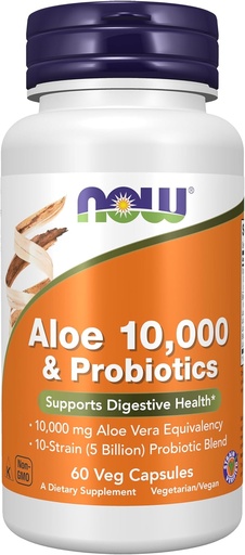 [BRSWIBL2DMBWIDAV] NOW Foods Supplements, Aloe 10,000 & Probiotics with 10-Strain (5 Billion) Probiotic Blend, 60 Veg Capsules