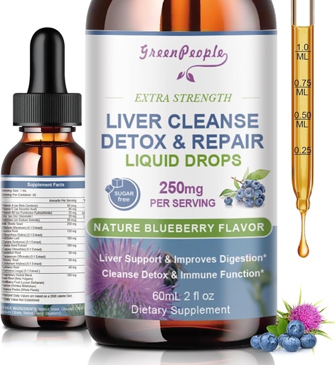 [BRSRAGA7AANGGYLJ] GREENPEOPLE Liver Cleanse Detox & Repair Drops - Liver Supplement w/Milk Thistle Silymarin, Artichoke & Dandelion for Liver Detox & Support- 16x Potent Herb-Nutrients - 2Fl Oz Blueberry Flavor