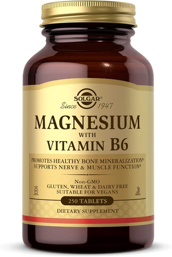[BRSWIYT3OMABOGDE] Solgar magnesio con vitamina B6, 250 Tablets - Promover a mineralización ósea saudable, apoiar os nervios e a función muscular, Metabolismo enerxético - Non-GMO, Vegan, Gluten Free, Dairy Free, Kosher - 83 servizos