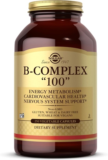 [BRSWIYTYO4GWO2T4] Solgar B-Complex "100", 250 식물성 캡슐 - Nervous 시스템 지원 - 에너지 대사 지원 - 비 GMO, Vegan, 글루텐 무료, Dairy 무료, Kosher - 250 서빙