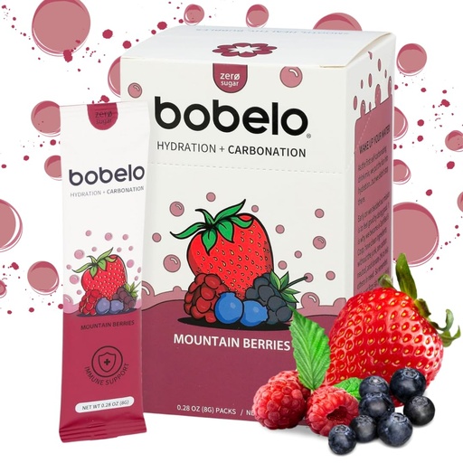 [BRSRMYYZDEFGOCD4] Bobelo Self Carbonating Hydration Packets | Low Calorie Drink Mix, Electrolytes Powder Packets | Keto Friendly, Sugar Free Water Enhancer | Soda & Sparkling Water Alternative | Mountain Berries(30ct)