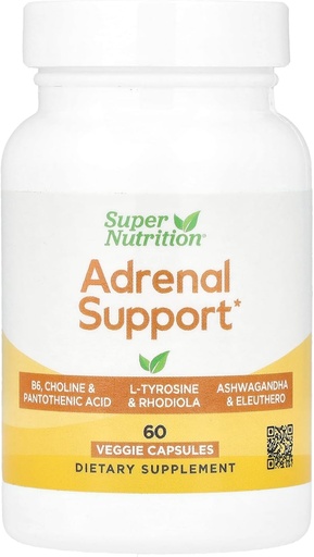 [BRSRAAQRCUBQIADL] Super Nutrition Adrenal Support with L-Tyrosine, Rhodiola Extract, Ashwagandha Extract, and Eleuthero Extract, 60 Veggie Capsules